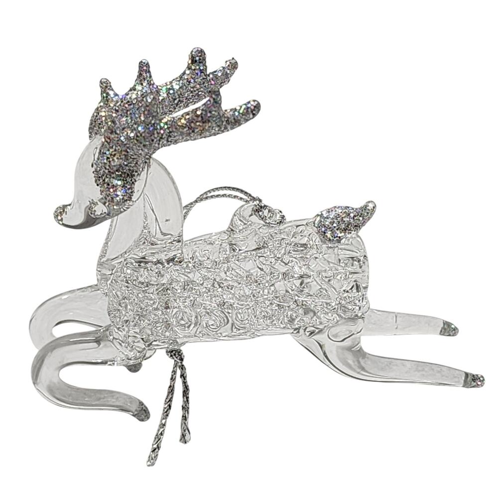 Hand Spun Glass Body Silver Glitter Accent Leaping Reindeer Christmas Ornament